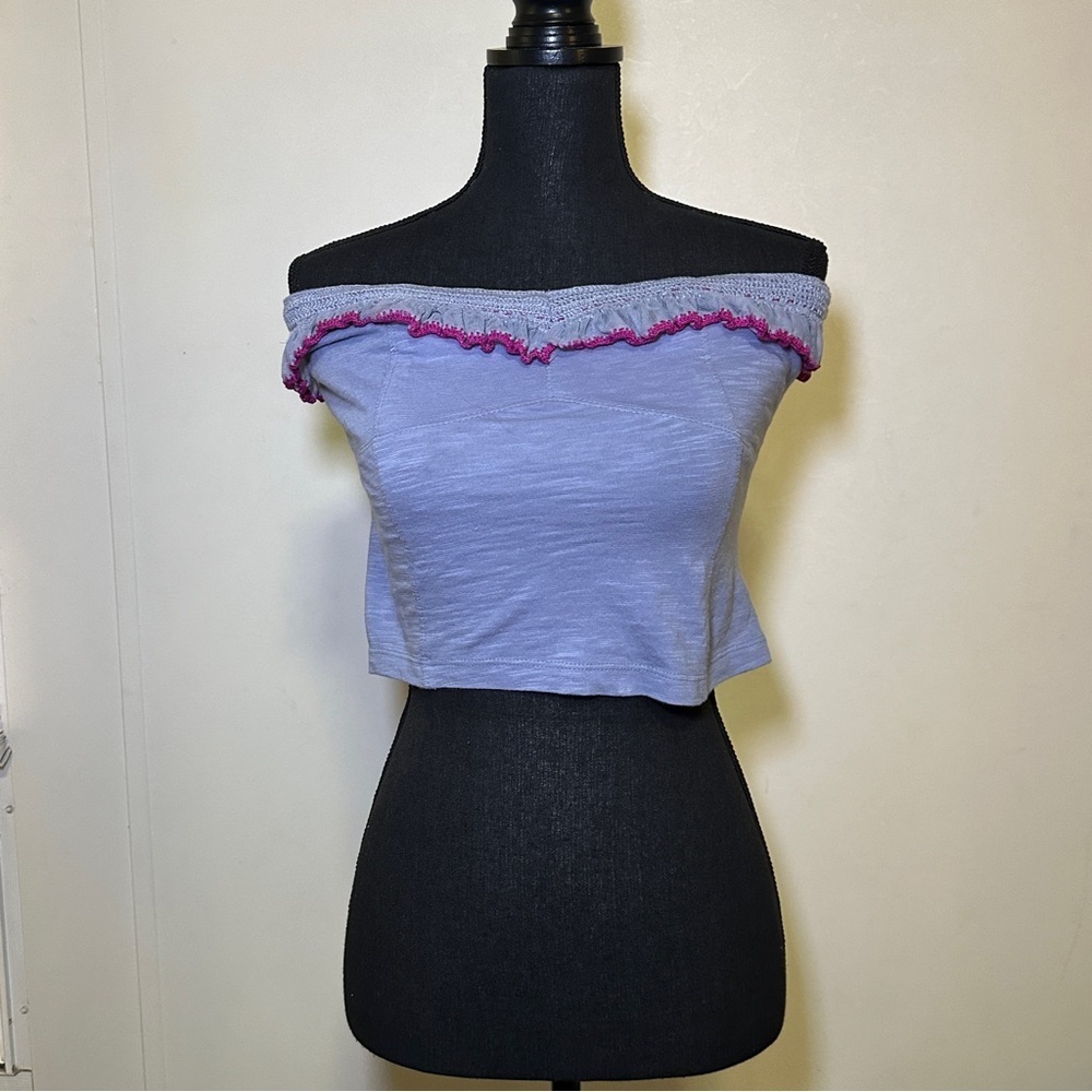 Free People Purple Float On Ruffle Off The Shoulder Crop Tube Top Lace Trim Boho